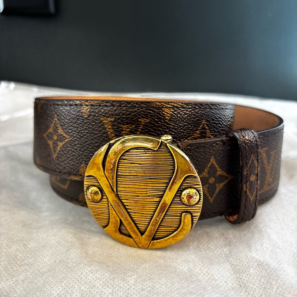 Louis Vuitton Monogram Brown Belt with Gold Emblem